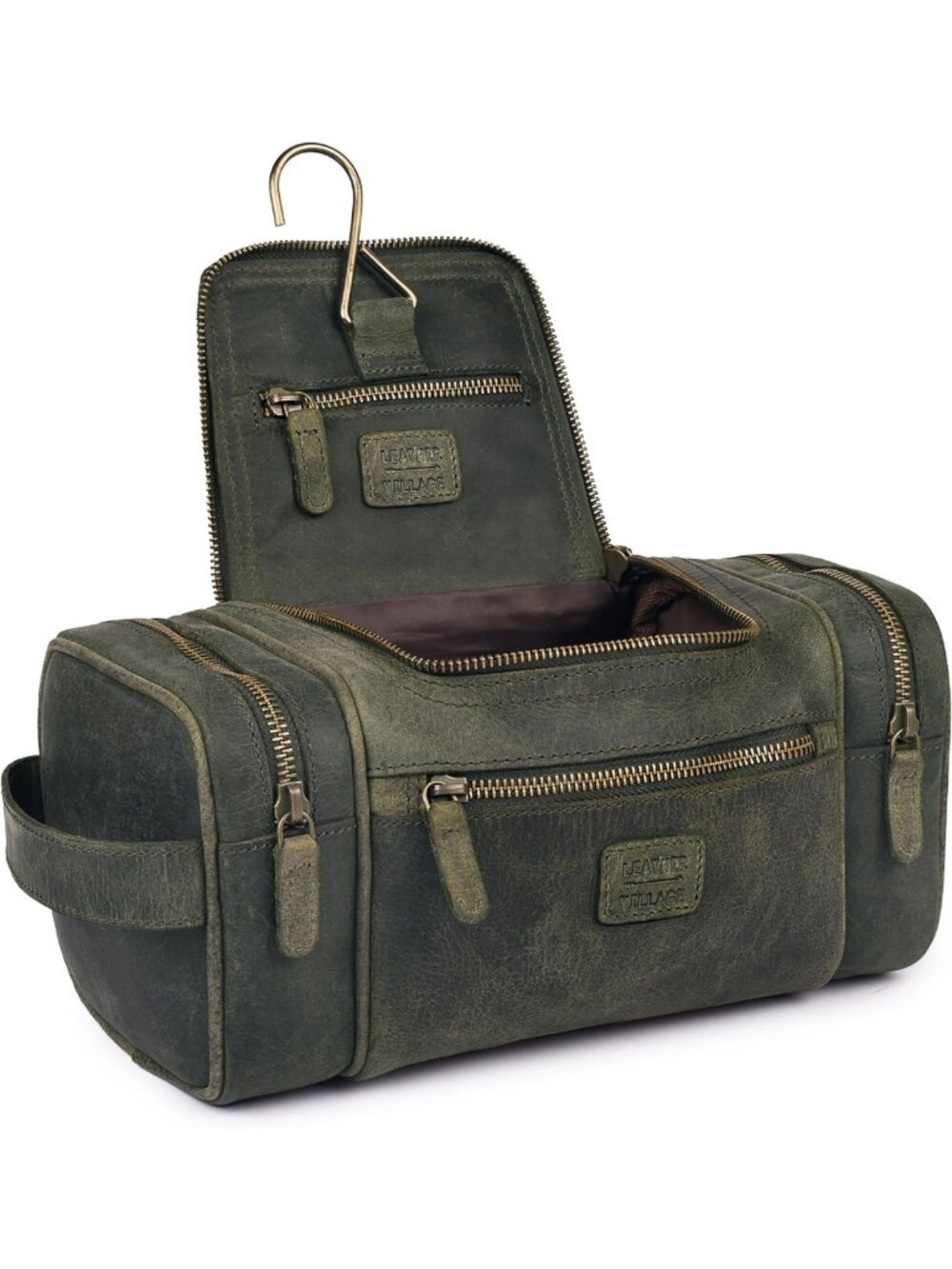 Spacious Olive Leather Toiletry Bag for Men | Travel Organizer & Grooming Case